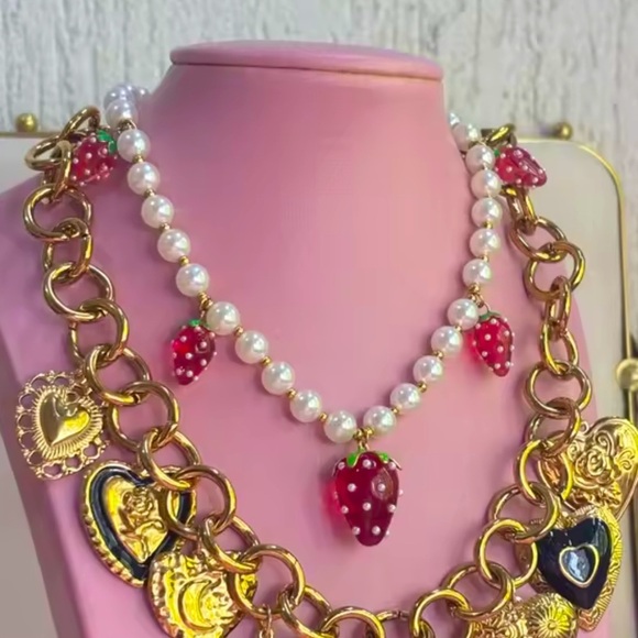 Anthropologie Jewelry - Red Strawberry Pearl 18K Gold Stainless Steel Waterproof Necklace